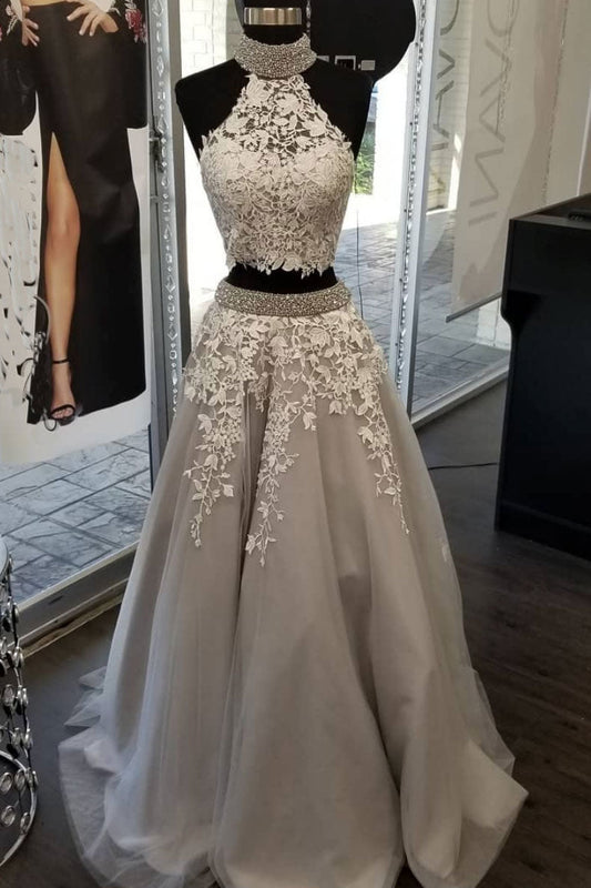 Gray Tulle Lace Sequin Beaded Long Prom Dress Gray Evening Dress