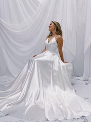 Simple White V-Neck Satin Long Prom Dress White A-Line Evening Dress