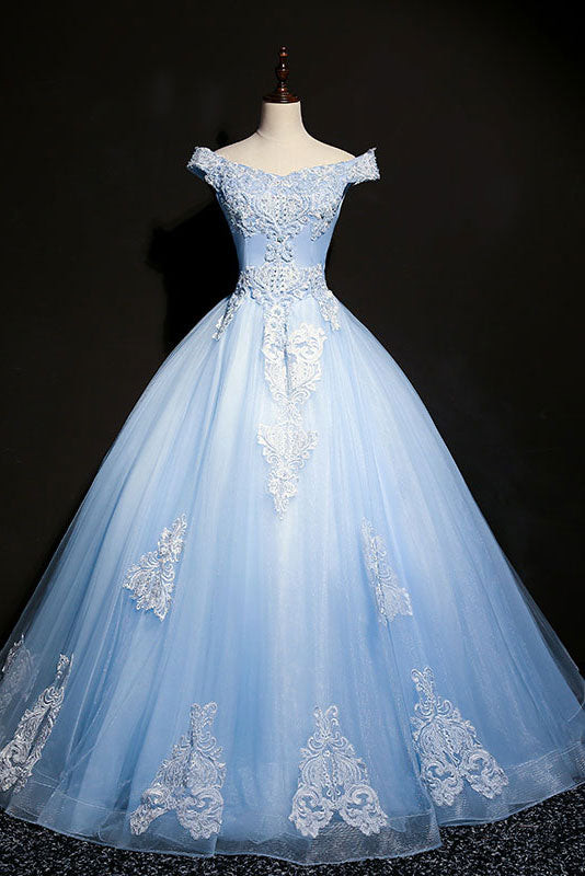 Blue V-Neck Tulle Beaded Long Prom Dress Blue Evening Dress