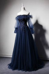 Dark Blue Off-Shoulder Tulle Long Prom Dress Blue Evening Dress