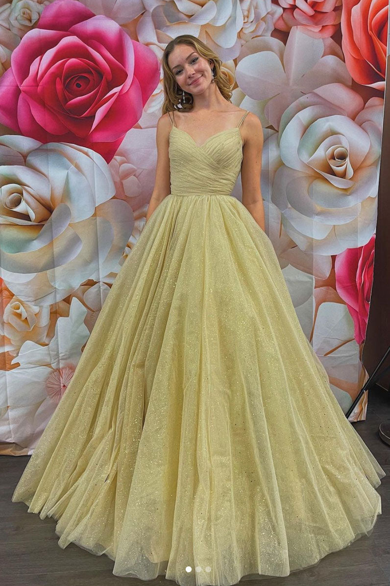 Gold V-Neck Tulle Long Prom Dress Tulle Formal Dress