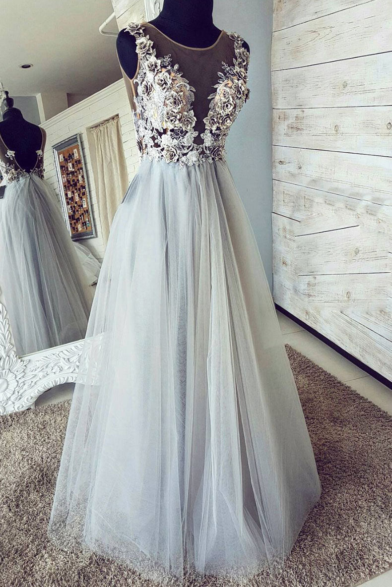 Gray Round Neck Tulle Lace Long Prom Dress Gray Evening Dress