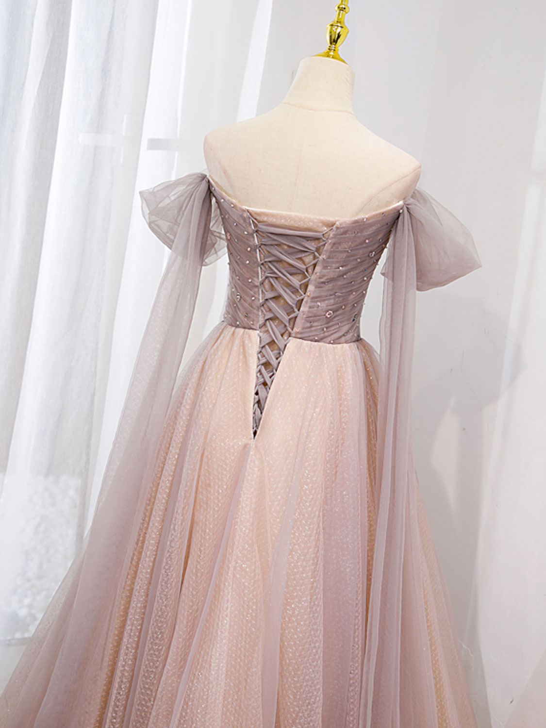 Pink Tulle Off-Shoulder Long Prom Dress Pink Tulle Formal Gown