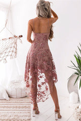 Pink V-Neck Tulle Lace High-Low Prom Dress Lace Bridesmaid Dress