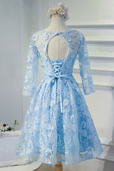 Blue Round Neck Lace Short Prom Dress Blue Homecoming Dress