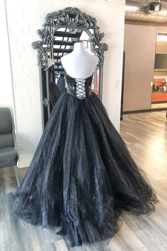 Black Sweetheart Tulle Sequin Long Prom Dress Black Tulle Formal Gown