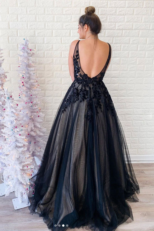 Black V-Neck Tulle Lace Long Prom Dress Black Evening Dress