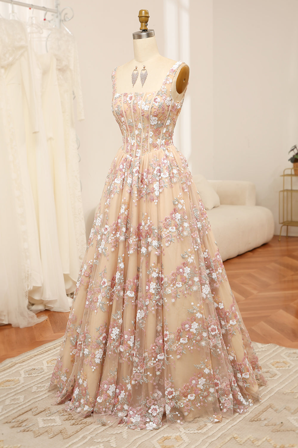 Champagne A Line Square Neck Long Corset Prom Dress With Appliques