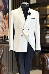 Aaron Simple White Shawl Lapel Double Breasted Wedding Suit for Men