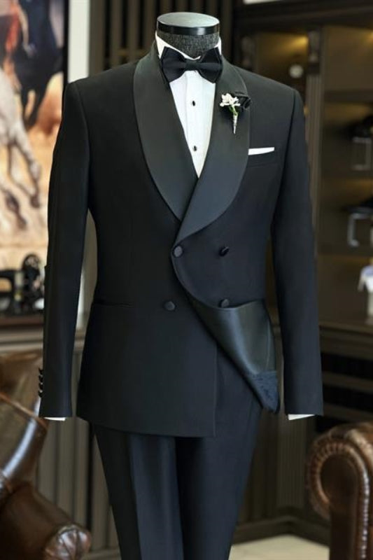 Abbott Fashion Black Shawl Lapel Double Breasted Wedding Suit