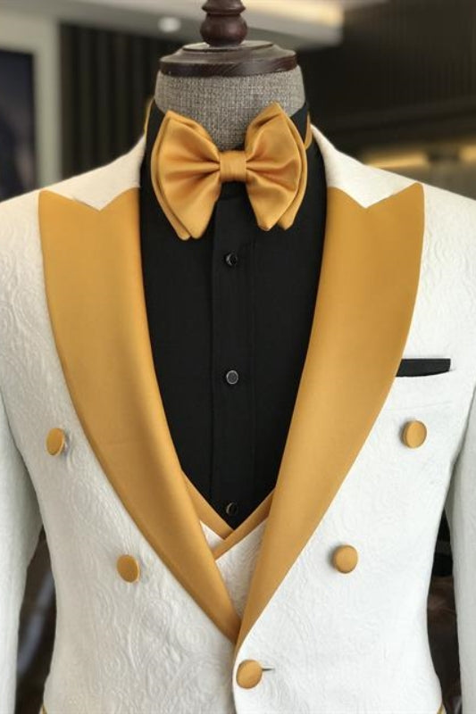 Abel Modern White 3-Piece Jacquard Wedding Suit with Yellow Peaked Lapel