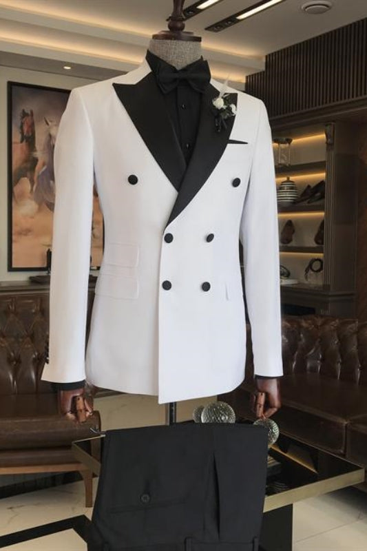 Abner Newest White Peaked Lapel Double Breasted Wedding Suit