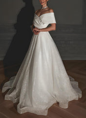 Off-The-Shoulder Sleeveless A-Line Wedding Dress with Sweep Train and Sequin Detail