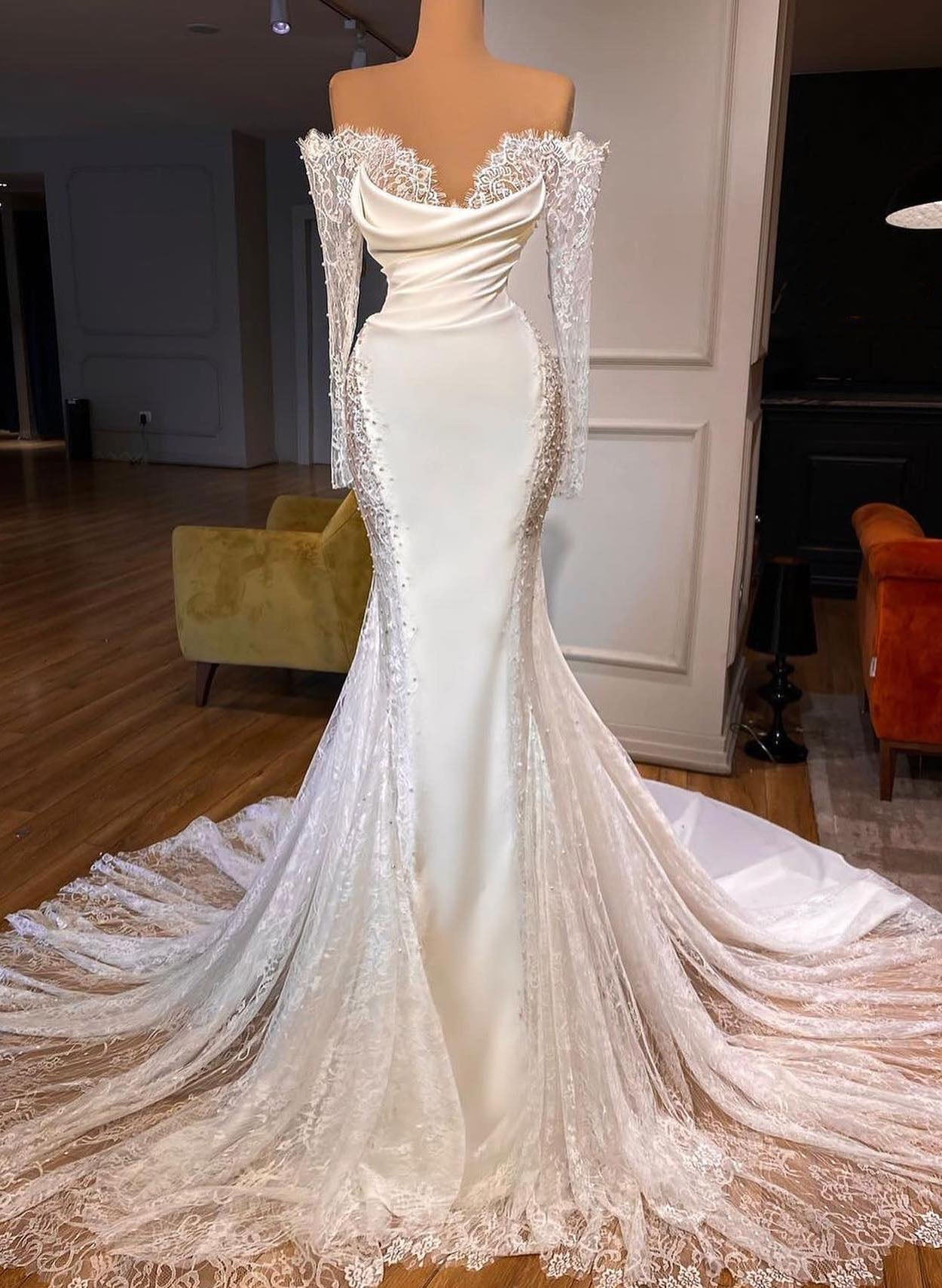 Lace Long Sleeves Off The Shoulder Trumpet Mermaid Wedding Dresses With Pearl