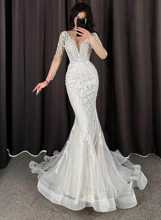 Trumpet Mermaid V Neck Long Sleeves Lace Tulle Wedding Dresses