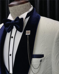 Chapman Fancy White 3-Piece Jacquard Wedding Suit with Navy Blue Shawl Lapel