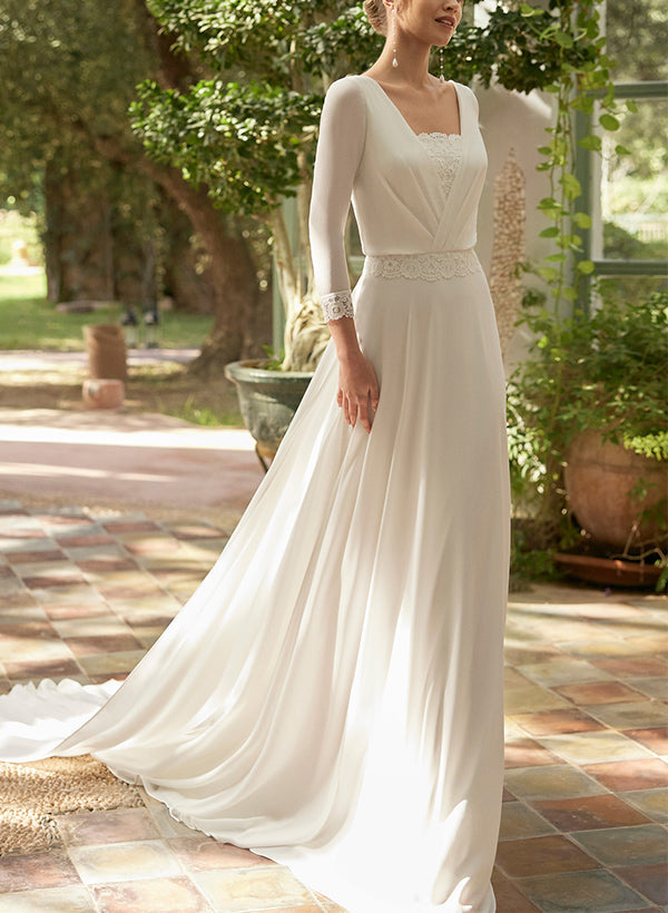 Boho Lace Square Neckline A-Line Wedding Dresses