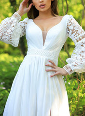 V-Neck A-Line Wedding Dresses with Long Sleeves and Sweep Train in Chiffon/Lace