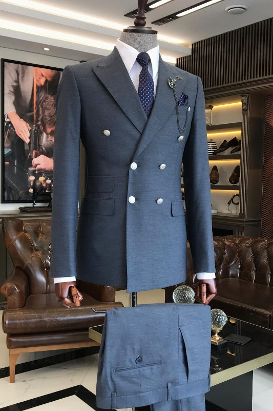 Alva Navy Blue Double-Breasted Peaked Lapel Business Suit