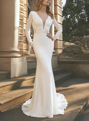 Long Sleeves Lace/Elastic Satin Wedding Dresses - Trumpet/Mermaid