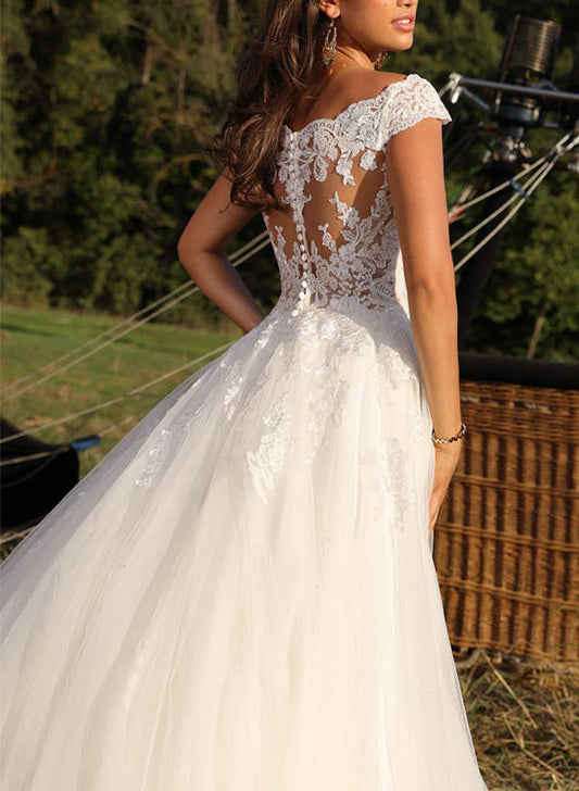 Illusion Neck A-Line Sleeveless Sweep Train Tulle Wedding Dresses With Lace