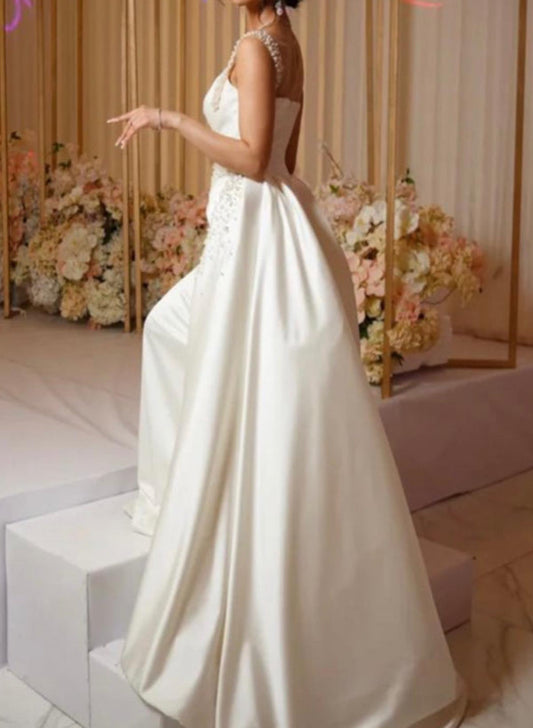 Luxury Satin Wedding Dresses With Beading One-Shoulder Trumpet/Mermaid