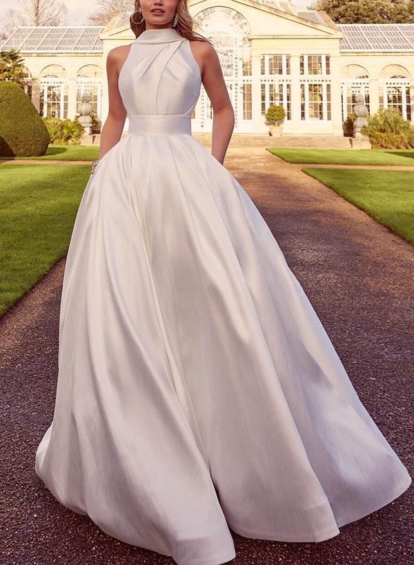 A-Line Halter Sleeveless Sweep Train Satin Wedding Dresses With Pockets