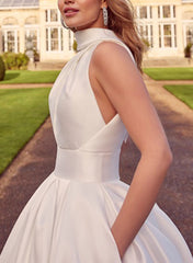 A-Line Halter Sleeveless Sweep Train Satin Wedding Dresses With Pockets