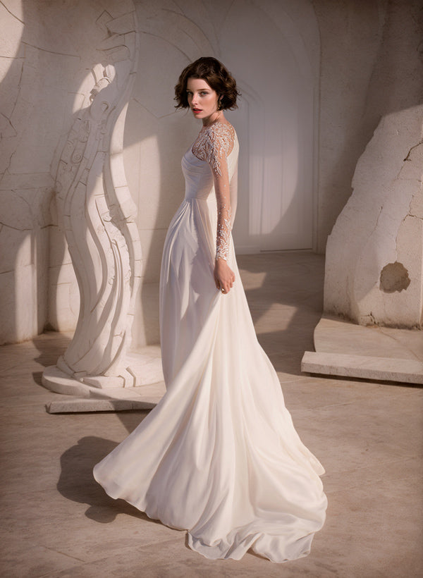 A-Line Scoop Neck Long Sleeves Sweep Train Wedding Dresses With Front Split