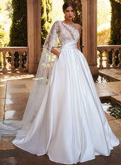 A-Line Sweep Train Satin Wedding Dresses With Appliques Lace