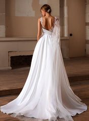 A-Line Sweep Train Satin Wedding Dresses With Appliques Lace