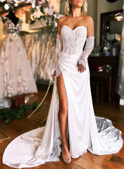 Sweetheart Long Sleeves Satin Wedding Dresses With Split Front