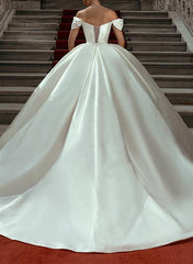 Off-The-Shoulder Sleeveless Satin Ball-Gown Wedding Dress with Sweep Train