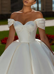 Off-The-Shoulder Sleeveless Satin Ball-Gown Wedding Dress with Sweep Train