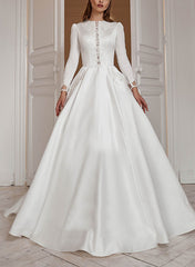 A-Line Scoop Neck Long Sleeves Sweep Train Satin Wedding Dresses