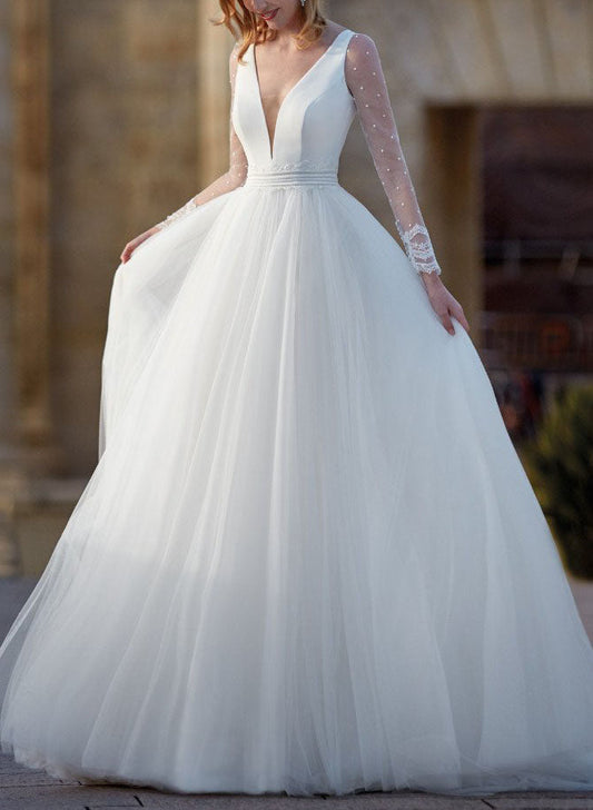 Ball-Gown Tulle Wedding Dresses with Long Sleeves and V-Neck