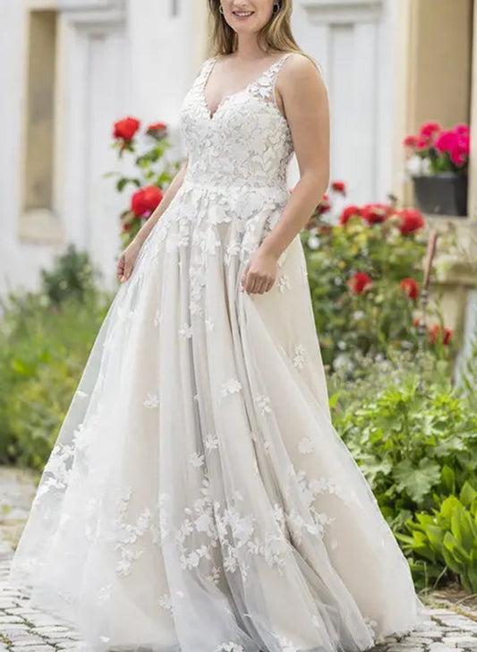 A-Line V-Neck Sleeveless Lace Wedding Dresses With Appliques Lace