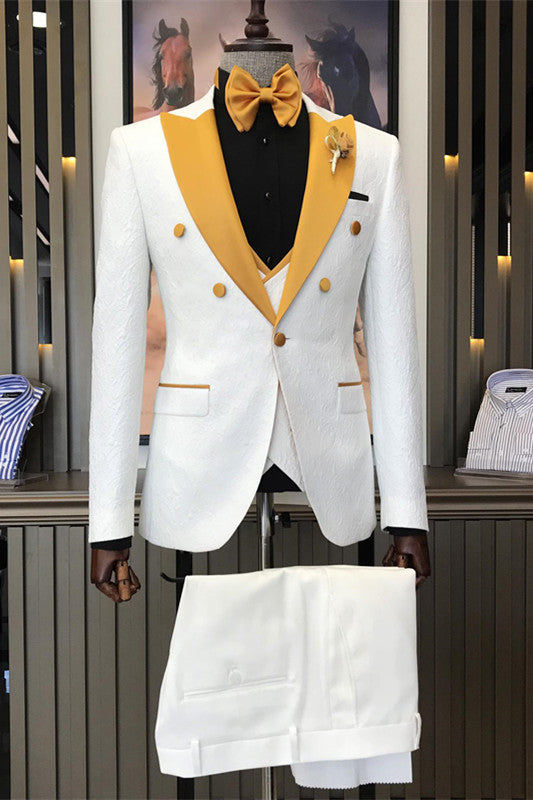 Fashion White Jacquard Three-Piece Peaked Lapel Wedding Suit for Men