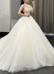 High Neck Long Sleeves Tulle Wedding Dresses With Appliques Lace - Ball-Gown