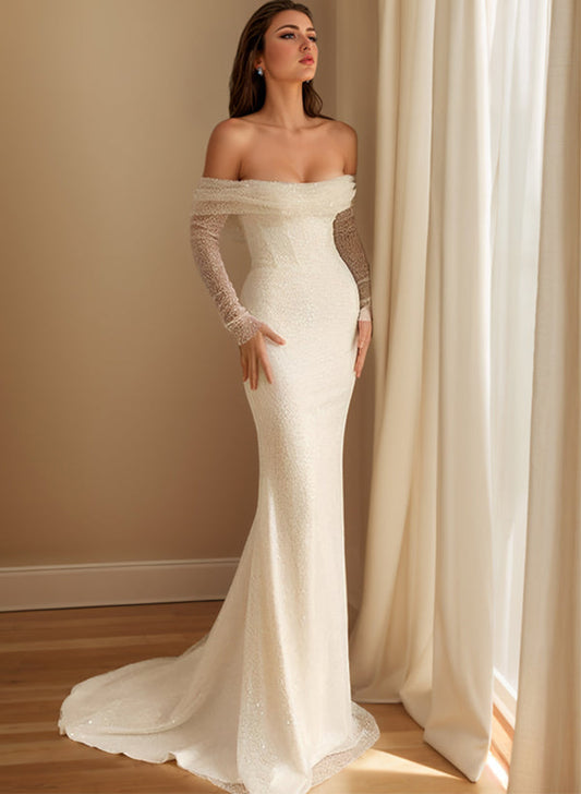 Off-The-Shoulder Sleeveless Sweep Train Sequined Wedding Dresses With Detachable Train