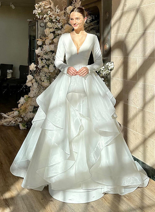 V-Neck Long Sleeves Sweep Train Wedding Dresses