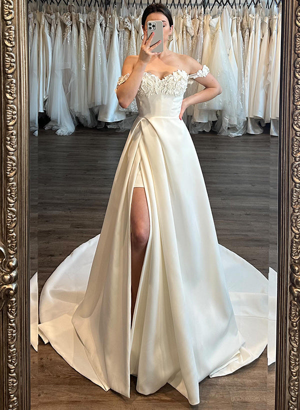 Off-The-Shoulder Sleeveless Satin Wedding Dress