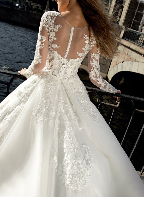 Illusion Neck A-Line Wedding Dress with Long Sleeves and Sweep Train crafted from Lace and Tulle