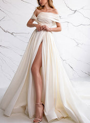 A-Line Off-The-Shoulder Sleeveless Satin Wedding Dresses With Front Split