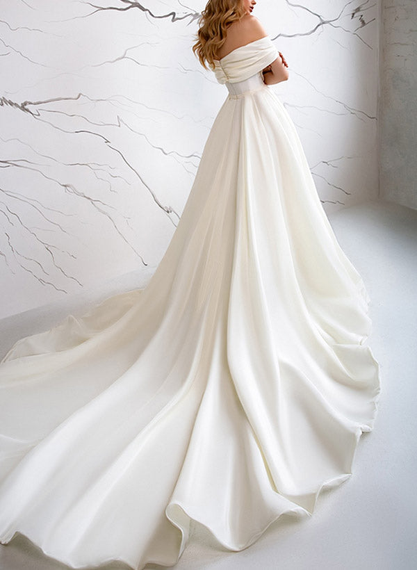 Off-The-Shoulder Sleeveless Satin Wedding Dress With Split Front A-Line