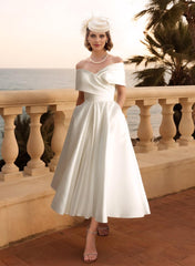 Off-The-Shoulder Sleeveless Satin Tea-Length Wedding Dress