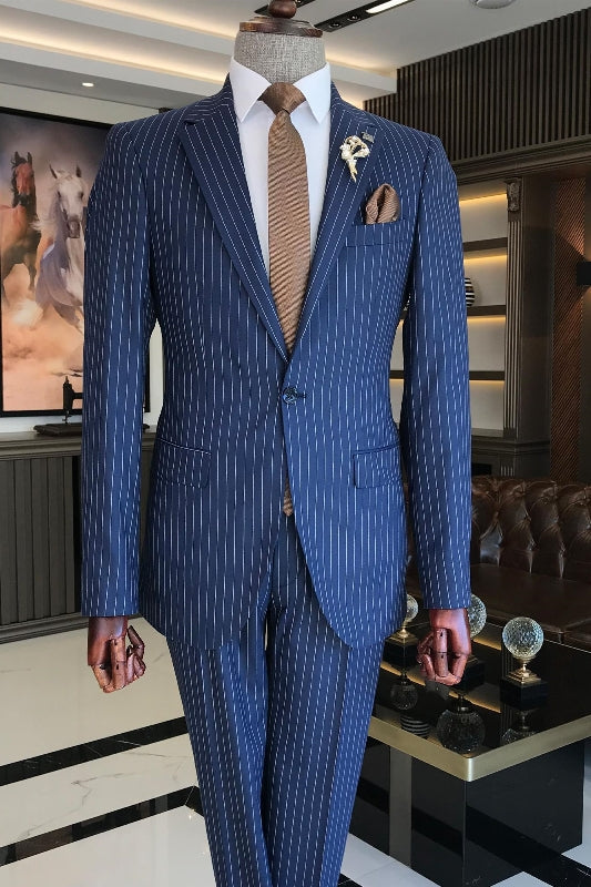 Bishop Blue Striped Notched Lapel Prom Suit