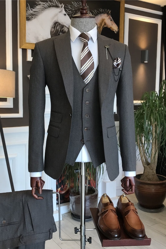 Berg Black Striped Three-Piece Peaked Lapel Business Suit