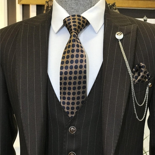 Benson Bespoke Brown Peaked Lapel 3-Piece Striped Business Men's Suit