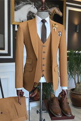 Bevis Camel Three-Piece Peaked Lapel Business Suit